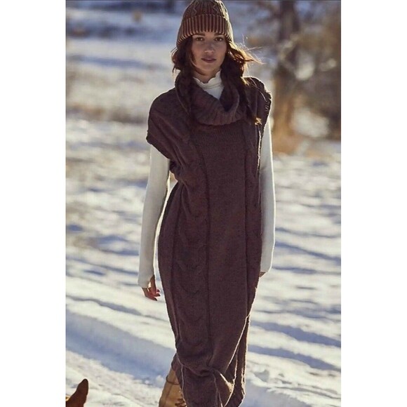 Free People Women On A Cloud Brown Long Boho Sweater Dress Sz XS New